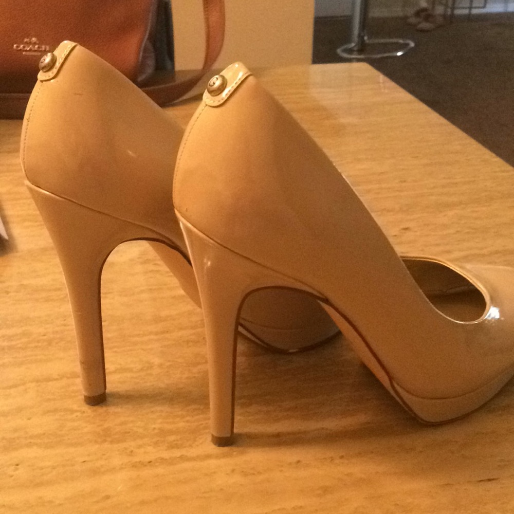 Nude Heels with tiny gold buttons on heel